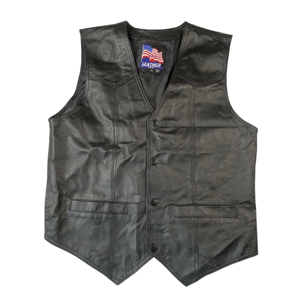 Leather USA Mens Vietnam Veteran Biker Vest Black Genuine Leather Size M Patch
